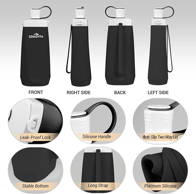 Collapsible Water Bottles,20oz Reusable Silicone Foldable Water Bottle,Portable Leak-proof Collapsible Water Bottle for Traveling Camping Hiking Cycling Yoga Sports Outdoor (Black) - Image 3