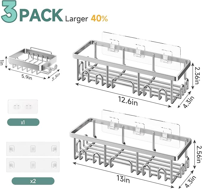 Veken Shower Caddy 3-Pack, Advanced Rustproof Design, No Drilling Adhesive Shelves, Rack with Soap Holder, Large Capacity Bathroom Organizers and Storage, Wall-Mounted Kitchen & Home Decor - Image 4