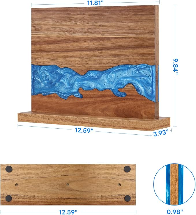 Magnetic Knife Block | Double Sided Magnetic Knife Holder | Acacia Wood Magnetic Knife Rack | Magnetic Knife Storage Stand for Kitchen Counter, Blue Resin River, 12.59×9.84IN (No Knife) - Image 3