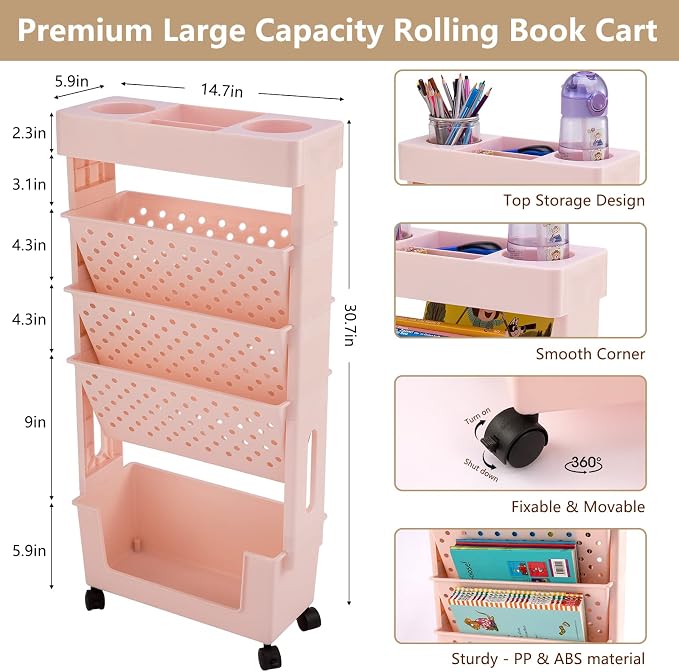 Pink Rolling Office Paper Organizer, Mobile Book Cart Document Folder File Storage with Pen Holder, Slim Rolling Storage Cart Movable Bookshelf for Office, Dorm, Classroom, Nursery - Image 3