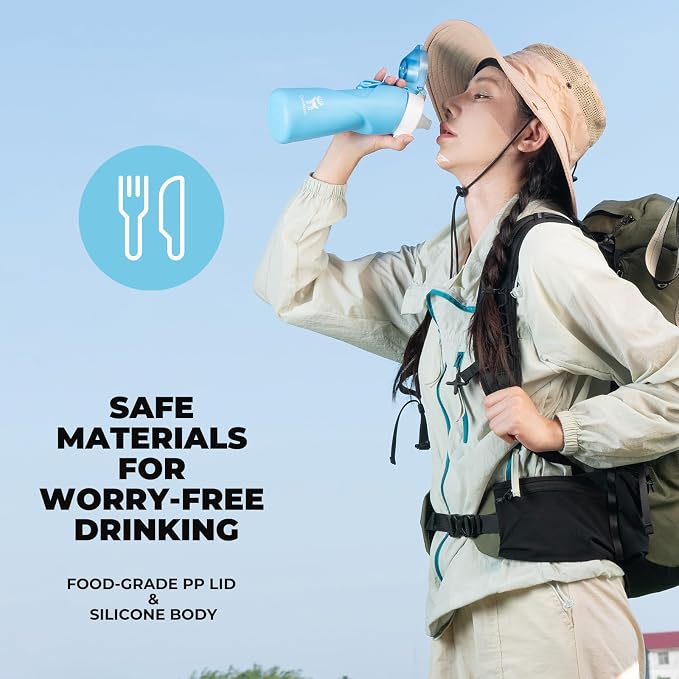 Quanture Collapsible Water Bottle 24oz (700mL), Foldable Silicone Travel Water Bottle, Leakproof & BPA-Free, with Wide Mouth & Carry Strap for Hiking, Camping, Outdoor, Blue - Image 3