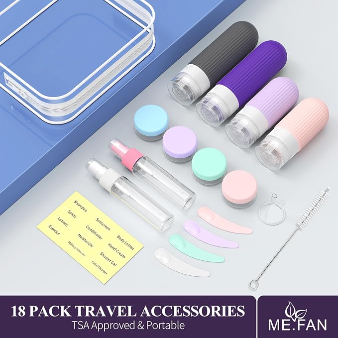 ME.FAN Travel Bottles for Toiletries,18 Pack Silicone Portable Size Bottle, TSA Approved Refillable Cosmetic Container Kits for Conditioner, Shampoo, Lotion,Face Cream - Purple - Image 6