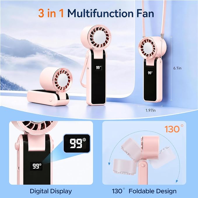 QearFun Portable Handheld Fan With Ice Cooling, 3-In-1 Rechargeable Personal Fan, 5-Speed Settings (1–199), Compact Pocket Fan Ideal For Travel, Outdoor Activities, Home, And Office (pink) - Image 2