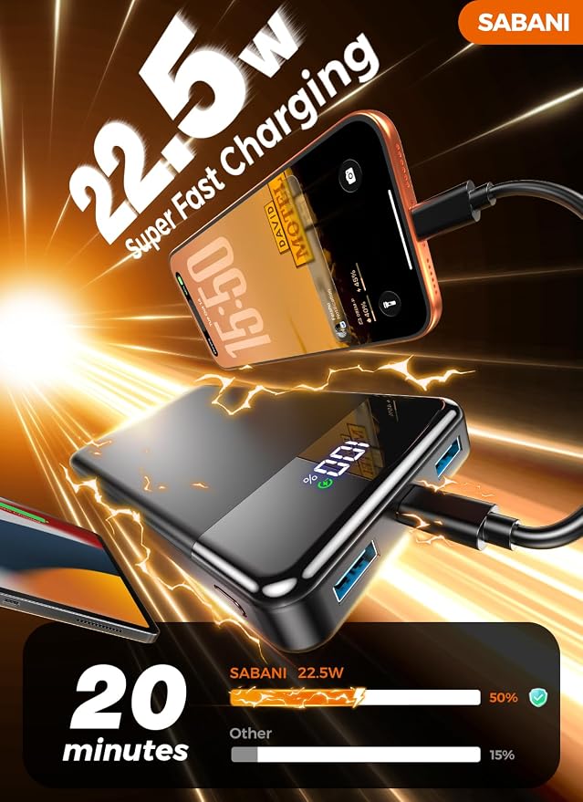 SABANI Portable Charger 35000mAh Power Bank, 4 Built in Cable Big Capacity | Ultra Slim, 22.5W Fast Charge, Travel Camping Essential, USB C External Battery Pack for iPhone Samsung Android, Black - Image 4