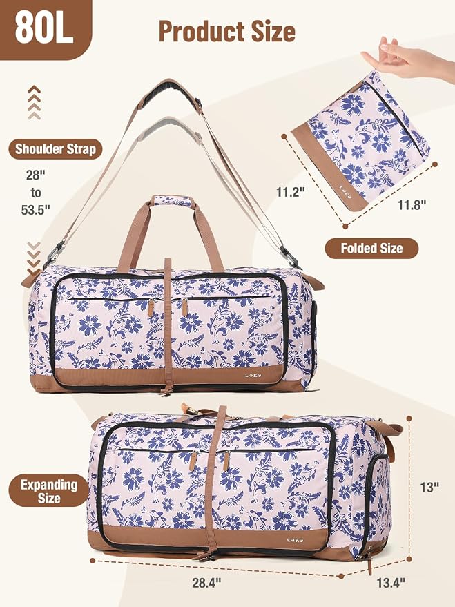 Lekesky Foldable Travel Duffle Bag for Women, Large Duffel Bag with Separate Shoes Compartments & Straps, Carry On Weekend Bag for Women, Hospital, Overnight (Pink Floral Print, 80L) - Image 3