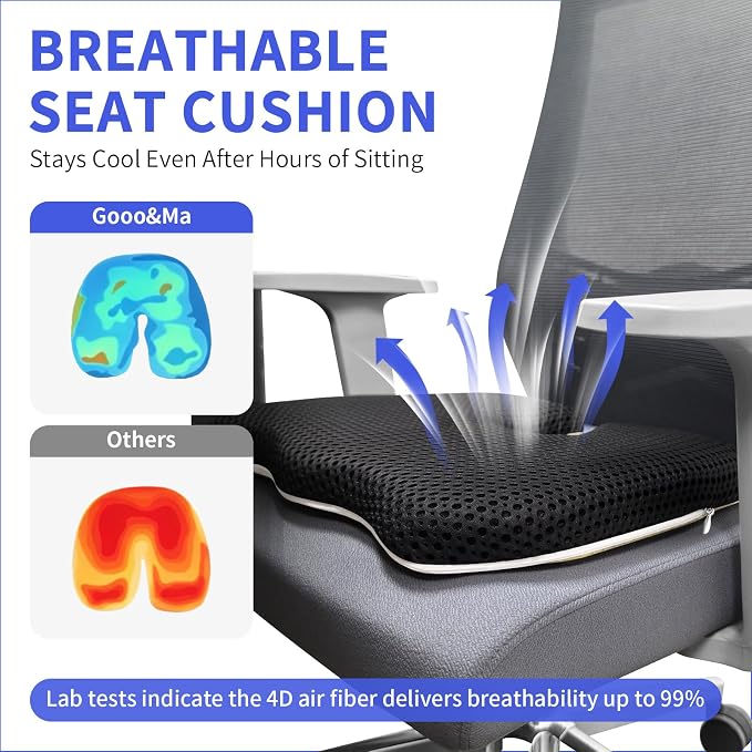 Gooo&Ma Air Fiber Seat Cushion, U-Shape Tailbone Comfort, Black | Thin design for office/car, breathable air fiber cooling, ergonomic, washable, non-slip, portable, 17.7"x13.8"x1.6" - Image 4