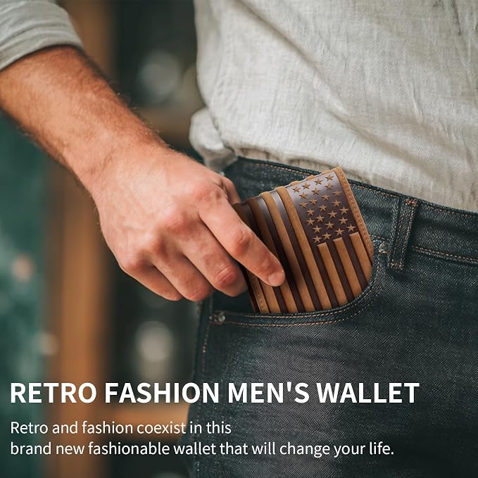 Wallet for Men-Genuine Leather RFID Blocking Bifold Stylish Wallet American Flag Wallet With 1 ID Window (Brown, Without ID Window) - Image 6