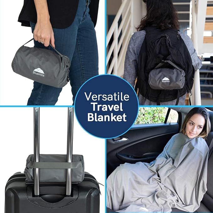 BlueHills Premium Soft Compact Travel Blanket Value Pack Set of 2 - Airplane Flight Blanket Throw in Soft with Luggage Belt Compact Pack Large Blanket for Travel Gray and Royal Blue Color - Image 2