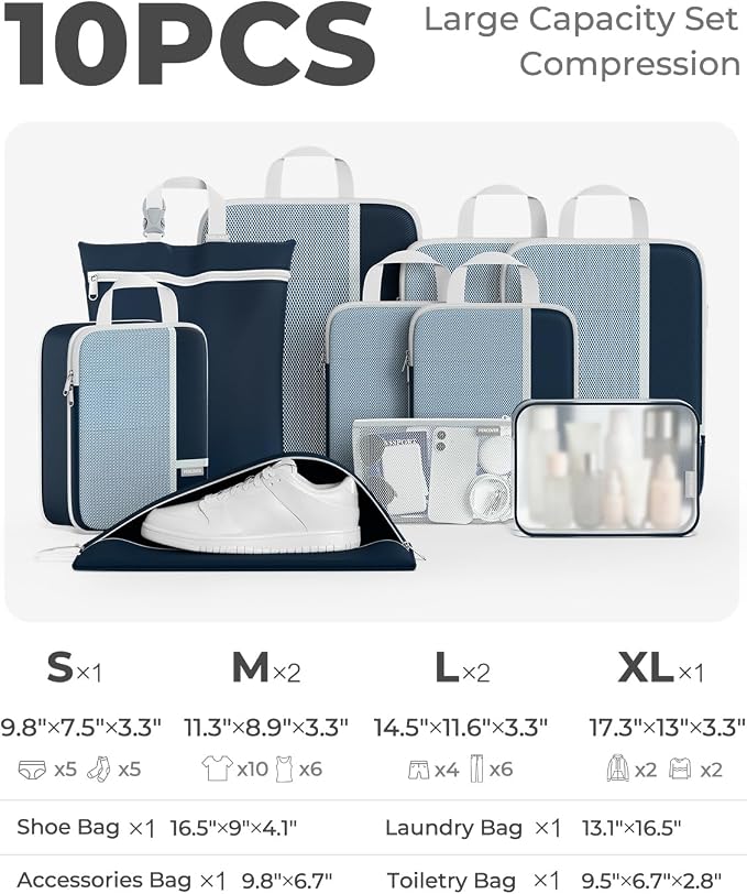 Percover Compression Packing Cubes for Travel, 10-Piece Structured Compression Organizer Set with Toiletry Bag, Laundry Bag & Shoe Bag for Carry-On & Checked Luggage, Navy Blue - Image 2