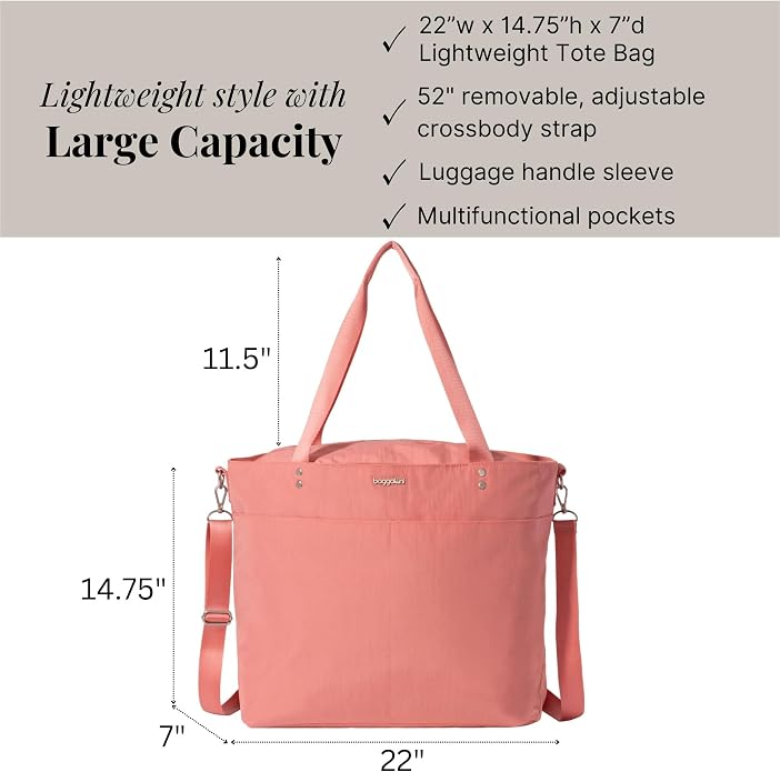 Baggallini Carryall Tote - Lightweight Nylon Zipper Top Weekender Travel Beach Bag w/Luggage Sleeve - Image 4