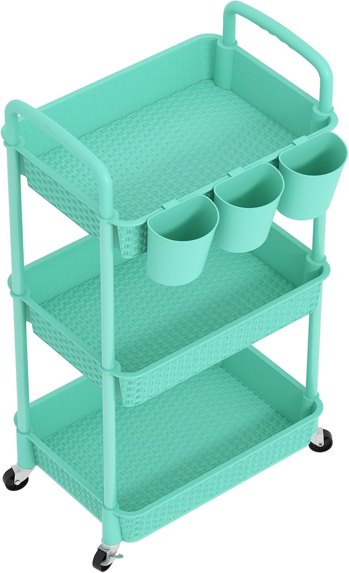 MOYIPIN 3-Tier Plastic Rolling Utility Cart with Handle,Turquoise | Utility Storage Cart for Office, Living Room, Kitchen,Movable Storage Organizer，Easy installation，Rattan-like art design - Image 9