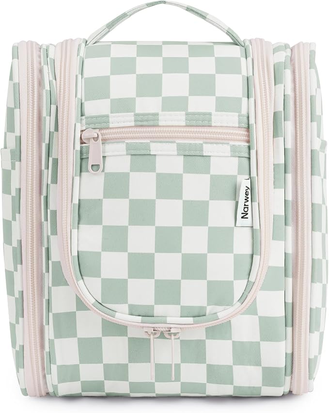 Narwey Hanging Travel Toiletry Bag for Women, Travel Bag for Toiletries, Checkered Makeup Bag Organizer, Cosmetic Make Up Bags for Travel Size Essentials, Skincare, Brushes (Mint Green Checkerboard) by Narwey