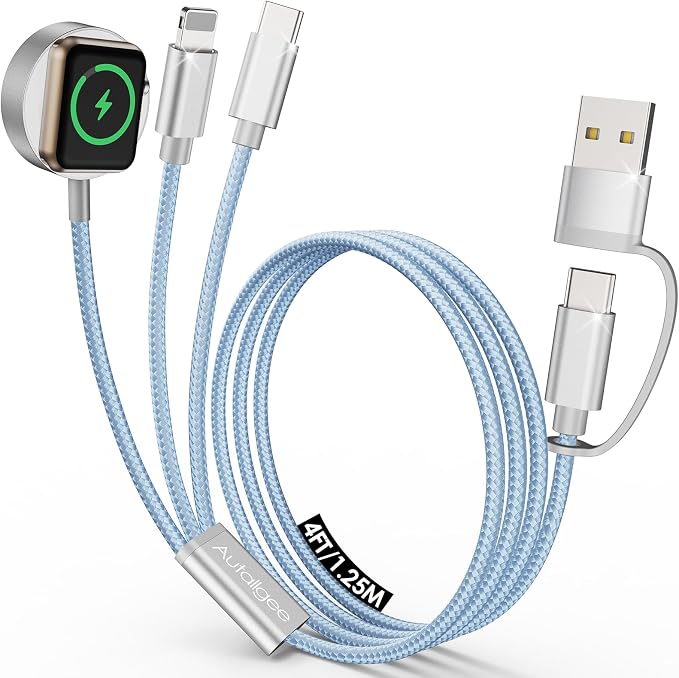 Travel Essentials,Multi Charging Cable for Apple Watch iPhone Charger Blue | 4FT for Airplane Gadgets RV Essentials for iWatch Ultra/10-2/iPhone 17-11/Samsung S25-S20,airPods,Car by Autallgee