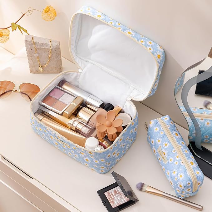 HBselect Quilted Makeup Bag, 3Pcs Cotton Large Travel Makeup Bags Organizer | Cute Floral Make up Bag Cosmetic Bag Toiletry Bag for Women Girls, Makeup Pouch for Skincare, Brushes & Travel Essentials - Image 2