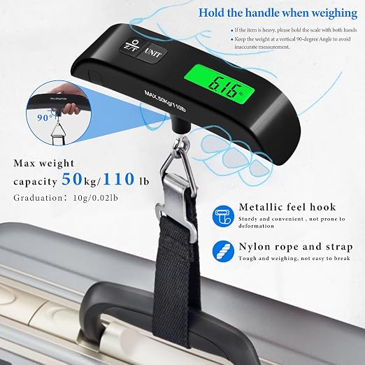 Luggage Scale, 110lb/50kg Portable Luggage Weight Scale, Black | Unit Conversion,Automatic overload,Low battery warning modes,LED Display,for Weighing Luggage, Backpacks, Fruits and Pets - Image 4