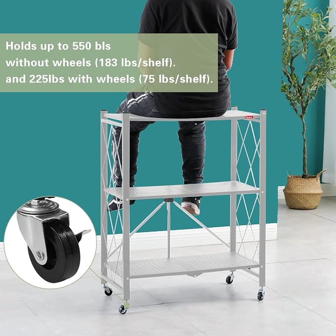DEANIC 3 Tier Foldable Storage Shelves with Wheels, Kitchen Appliance Stand, Freestanding Metal Wire Shelf Rack, No Assembly Organizer Rolling Cart for Garage, Basement, Pantry(Grey) - Image 4