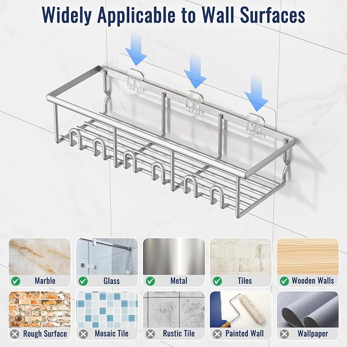 8 Pack Adhesive Large Capacity No-Drilling Shower Caddy, Silver | Rustproof Shower Shelves Rack with Soap Dishes, Toothbrush Holder & Hooks for Bathroom Organizers & Storage Accessories - Image 7