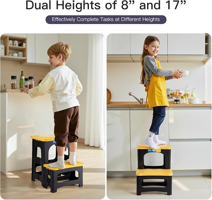 Korpai Folding 2 Step Stools,8" & 17" Dual Heights,Foldable Step Stool for Adults and Kids,Hold up to 250lbs,Collapsible Step Stool for Kitchen Bedroom Office Bathroom RV, Yellow - Image 6