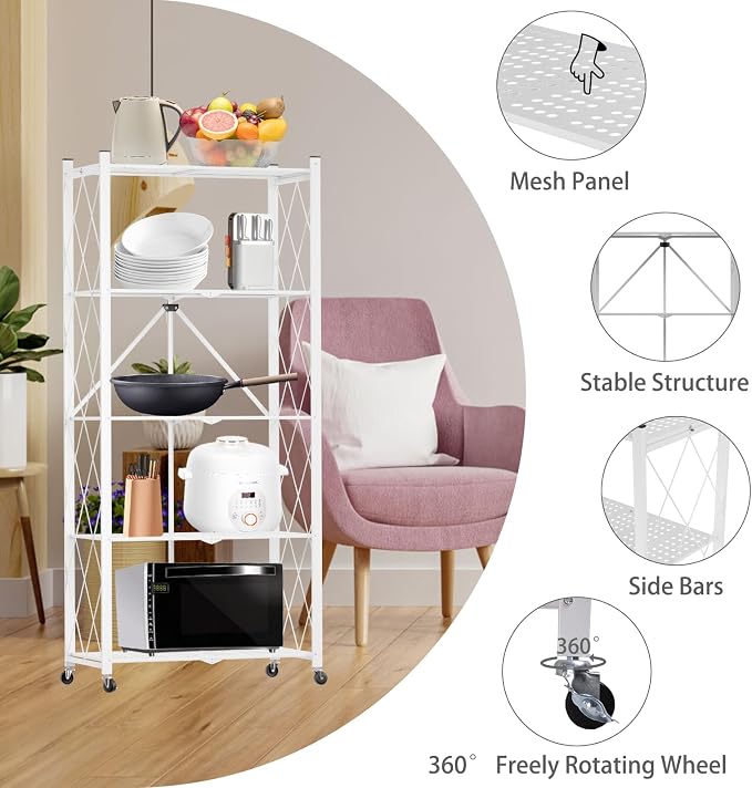 5-Tier Folding Shelf with Wheels No Assembly Portable Shelves | Suitable for kitchen, bedroom, living room, garage,64.6*28*13.4in - Image 6