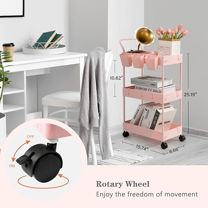 danpinera Slim Storage Cart, 3 Tier Narrow Rolling Cart on Wheels Bathroom Organizer with Dividers Handle Hanging Cups Hooks for Laundry Room Kitchen Small Spaces, Pink - Image 2