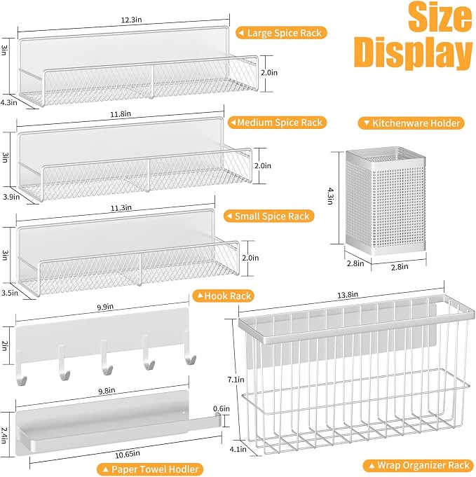 Magnetic Spice Rack for Refrigerator, 7 Pack 100% Metal Strong Magnet Shelf, Spice Organizer W/ Paper Towel Holder, Hook Rack, Utensil Caddy & Cutting Board Holder, Home Kitchen Organization (White) - Image 2