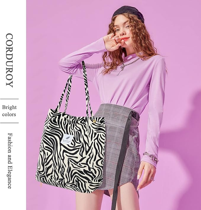 LHMTQVK Corduroy Tote Bags for Women, Large Capacity Tote Purse Reusable Grocery Shoulder Bag with Inner Pockets - Image 7
