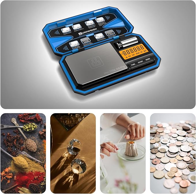 Digital Pocket Scale 200g/0.01g, Digital Gram Scale Precision | Mini Jewelry Scales digital weight grams with 50g Cal Weights for food,Jewelry,Coins,small items,(Battery Included)-Blue - Image 6