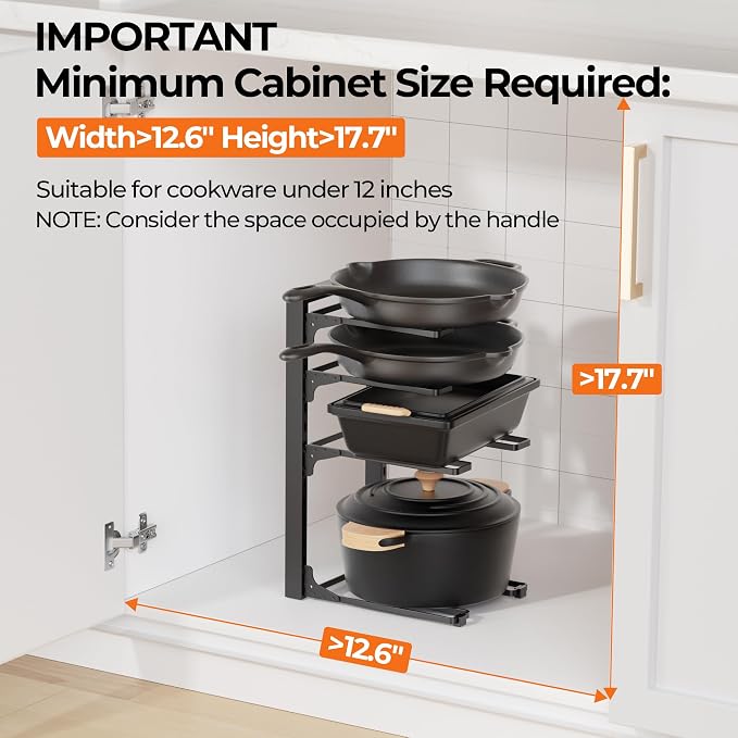 MUDEELA Pot and Pan Organizer Under Cabinet 15.75", 4-Tier Pot Rack, 2 Pack | Adjustable Tier, Tool-Free Assembly, Max 88 Lbs, Fits Cast Iron Pans, Skillets & Heavy Shallow Cookware, For Kitchen Cabinets - Image 2