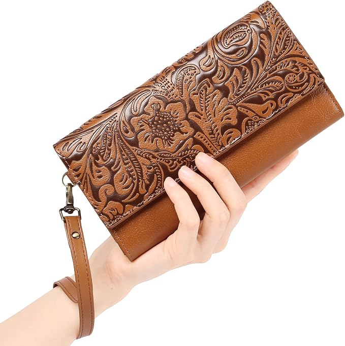 GOIACII Wristlet Wallets for Women RFID Blocking Western Clutch Brown | Embossed Leather, Vintage Design, Trifold, Large Billfolds, Ladies Purses with Zipper Coin Pocket - Image 4