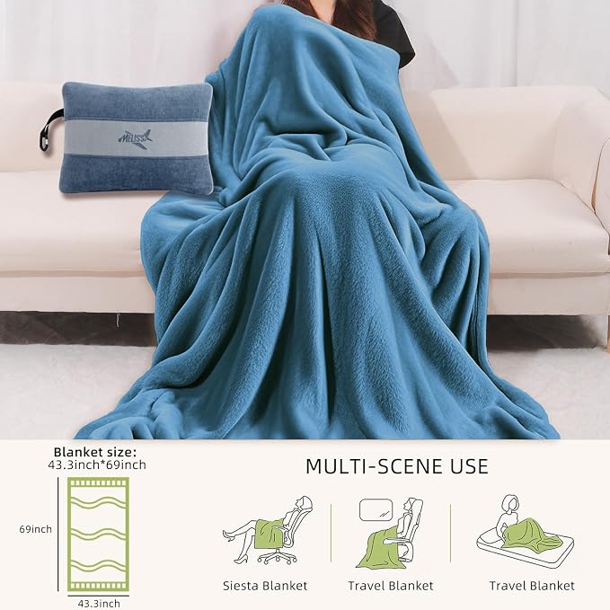 Melissa Large Soft Travel Blanket and Inflatable Pillow Set | Size - 69“ x 43.3”, Lightweight, Compact & Washable for Backpacking, Hiking, Airplane, Car, Office, Camping (Blue) - Image 5