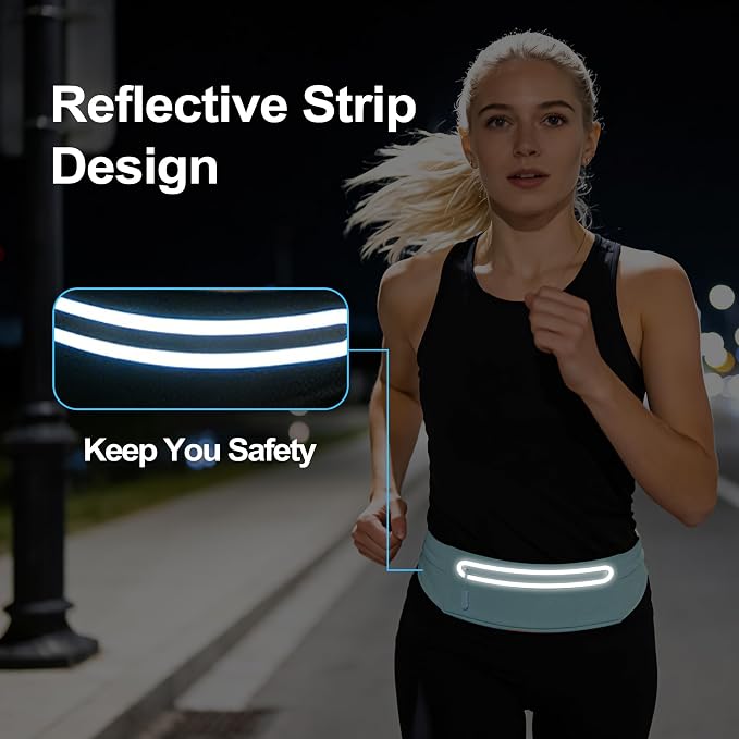 Slim Running Belt for Women Men,Phone Holder Waist Pack,Runners Fanny Pack | No-Bounce,Sweat-Proof Pocket,Travel Money Pouch for Gym/Hiking/Cycling,Three pocket,Two Highly Reflective Strips - Image 6
