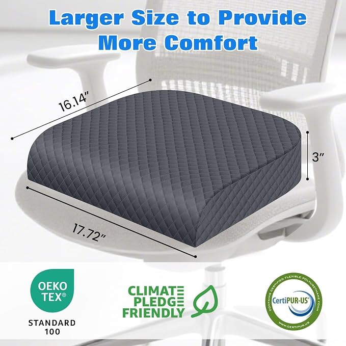 Seat Cushion, Office Chair Cushion, Chair Pad, Large, Gray, Large | Memory Foam, Washable Cover, Non-slip Bottom, Portable Handle, for Office, Home and Car - Image 2