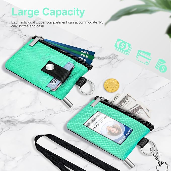 Minimalist RFID Blocking Small Wallet with ID Window,WaterResistant Zip Id Case Wallet with Lanyard Keychain for Cards,Cash,Travel,Women,Men (Mint Green) - Image 7