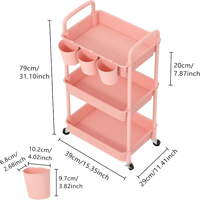 MOYIPIN 3-Tier Plastic Rolling Utility Cart with Handle,Pink | Utility Storage Cart for Office, Living Room, Kitchen,Movable Storage Organizer，Easy installation，Rattan-like art design - Image 2