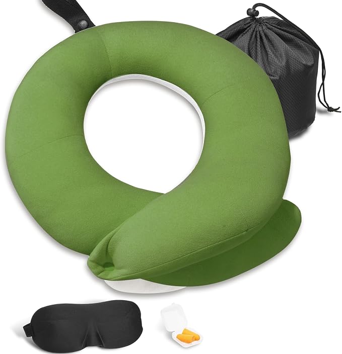 Travel Neck Pillows for Airplanes, Memory Foam 360° Head Support Sleep for Long Flight, Skin-Friendly & Breathable, Kit with Eye Mask, Earplugs and Storage Bag (Adult, Green, 90+ lbs) by BUYUE