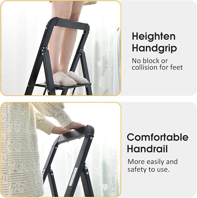 KINGRACK Aluminium 3 Step Ladder, Lightweight Step Stool with Non-Slip Pedals, Handrail, 330 LBS Foldable Step Ladder for Kitchen, Garage, Home, Space Saving, Sturdy and Portable, Black - Image 4