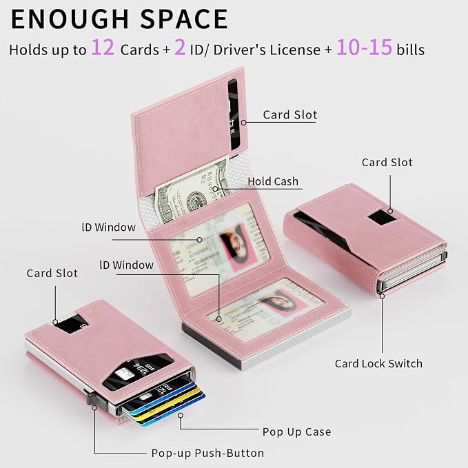 RFID Wallet Women: Stylish Security Metal Wallet for 10-12 Cards & 2 ID Windows - Smart Pop-Up Credit Card Holder & Cash Slot in Compact Trifold Design,Gift for Her(Pink) - Image 3