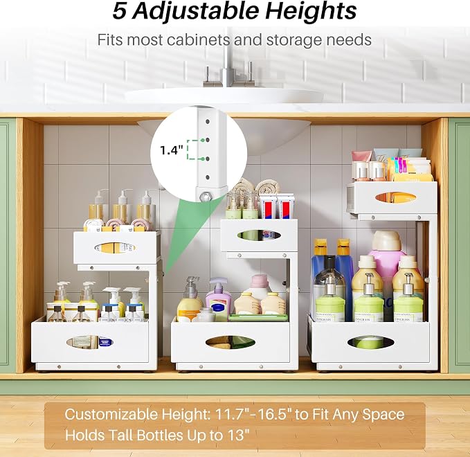 Under Sink Organizer, 2-Pack Pull Out Cabinet Organizer 2 Tier Metal Slide Out Storage Shelf Rack, L-Shaped Adjustable Height,Mesh Sliding Drawer for Kitchen, Bathroom, Laundry, Pantry, White, XL - Image 5