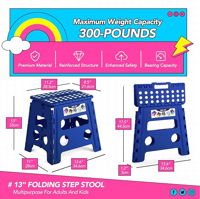 Delxo Folding Step Stool 13 Inch,300 Lbs Step Stool for Adults Blue | Foldable Step Stool 13",Non-Slip Foot Stools with Handle,Lightweight Collapsible stools for Kitchen,Bathroom,Bedroom,Garden - Image 2