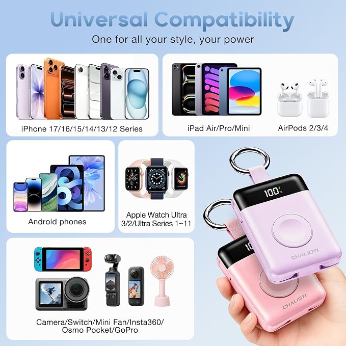 10000mAh Portable Charger,22.5W Power Bank&iWatch Charger,Purple | LED Display,Built-in Cables,Super Fast Charging,Travel Keychain Battery Pack for iPhone 17/16/15/14/13/12,Apple Watch Series - Image 8