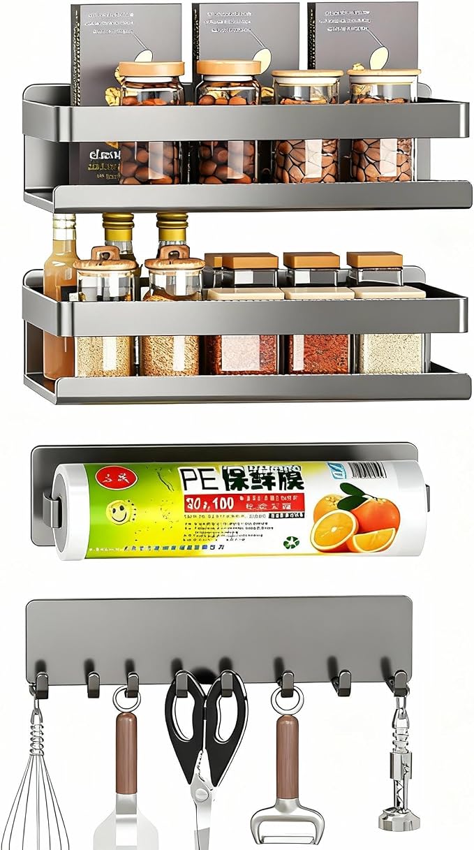 4 Pack Metal Magnetic Shelf, Small Kitchen Organization | Include Magnetic Spice Rack for Refrigerator,Magnetic Paper Towel Holder,Magnetic Hooks,Space-saving Storage rack by Unknown
