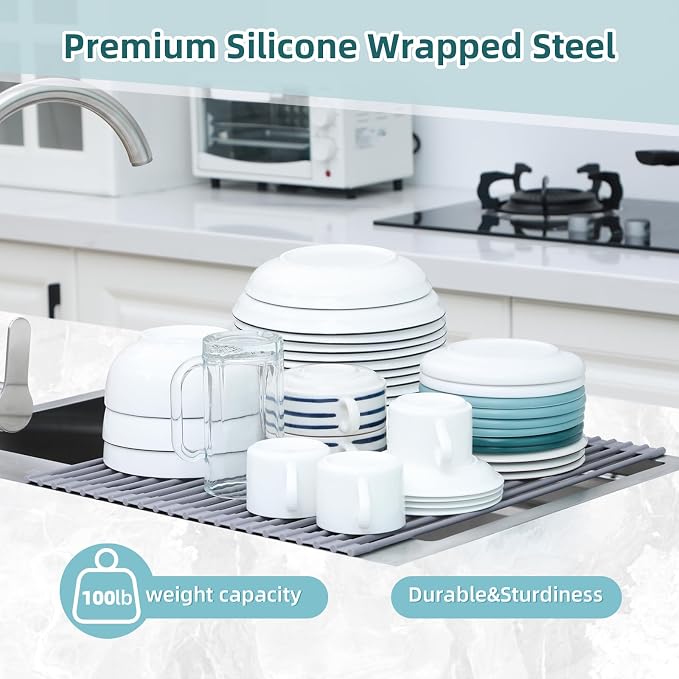 Ohuhu Over Sink Dish Drying Rack Silicone Wrapped 17.6" W x 15.4" L Large Over the Sink Roll Up Dish Drainer - Foldable Sink Drying Rack Rolling Drain Mats Anti-Slip Multipurpose for Kitchen Counter - Image 8
