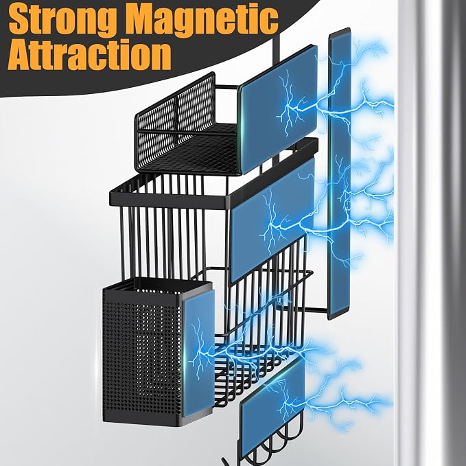 Magnetic Spice Rack for Refrigerator, 7 Pack Metal Magnetic Shelf, Moveable Magnetic Storage Fridge Organizer, Spice Organizer, Hook Rack, Paper Towel Holder, Utensils Holder, Cutting Board Holder - Image 3