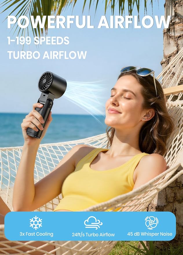 Portable Handheld Turbo Fan, 1-199 Speed Adjustable, Dark Black | 4 IN 1 Pocket Design with LED Display, High-Power Motor, Rechargeable Battery, Mini Fans for Indoor/Outdoor/Travel/Work - Image 3