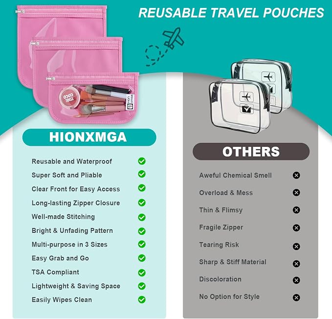 HIONXMGA Set of 3 Clear Travel Toiletry Bag, TSA Approved, Quart Size S/M/L | Clear Front Zipper Pouches Waterproof Cosmetics Bags for Women Kids Toiletries Baby Essentials Well-Organized Carry, Pink - Image 7
