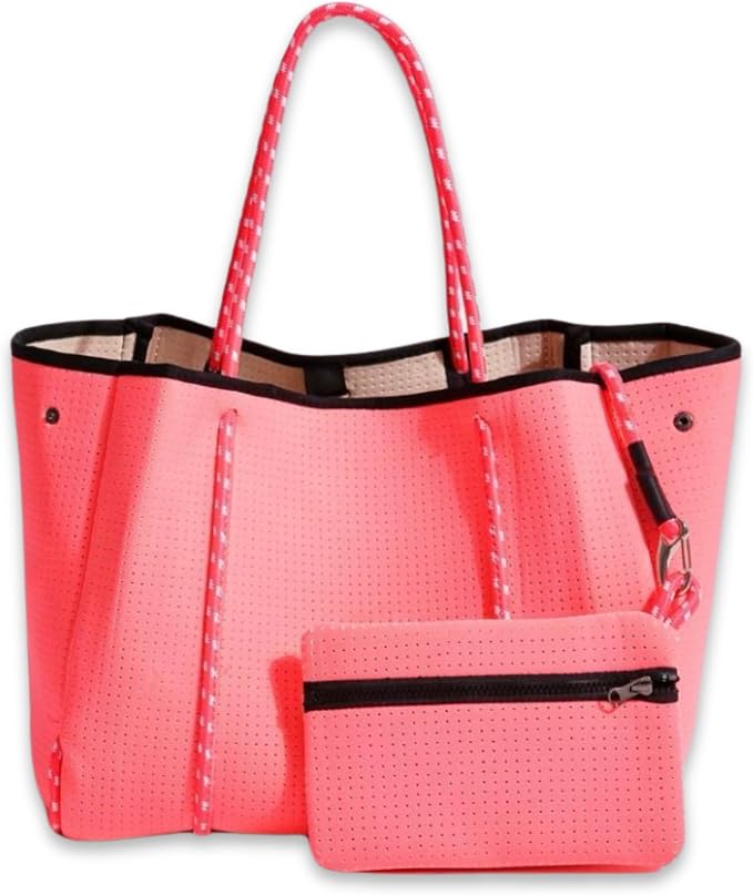 POPUPS Large Neoprene Tote Bag for Women - Everyday Designer Handbag for Travel Work and Beach with Pockets and Zipper Pouch by POPUPSBrand
