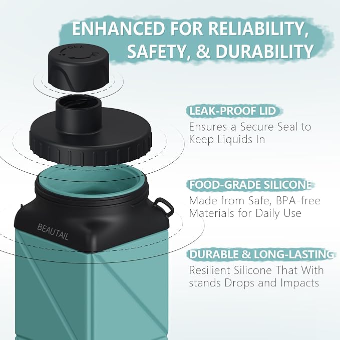 BEAUTAIL Collapsible Water Bottles 21 oz, Silicone Portable Water Bottle | BPA Free, Leakproof & Reusable, Foldable Water Bottle for Travel, Hiking, Camping, Cycling, School, Gym, 2-Pack, Black+Blue - Image 3