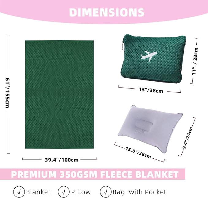 3 in 1 Travel Blanket Pillow Set - 350 GSM Thick Travel Blanket Airplane Compact with Bag, Soft Bag with a Pocket, Inflatable Travel Pillow for Camping & Car Trip (Dark Green) - Image 7