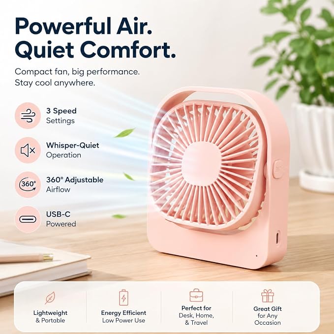 Portable Desk Fan,High-Capacity USB Rechargeable Cordless Small Fan with 360° Rotation, 3 Speeds Ultra Quiet Personal Fan for Office Desk, Travel, Home, Cruise Essentials (Pink) - Image 2