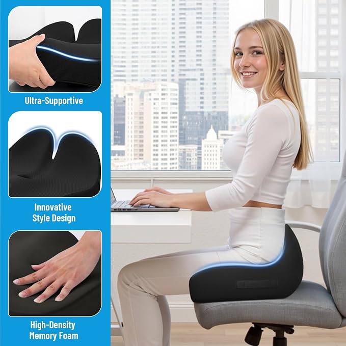 Memory Foam Seat Cushion, Ergonomic Office Chair Cushion for Long Sitting | Curved Tailbone Support Cushion for Car, Desk Chair and Wheelchair, Coccyx Comfort Pad with Breathable Cover, Black - Image 5